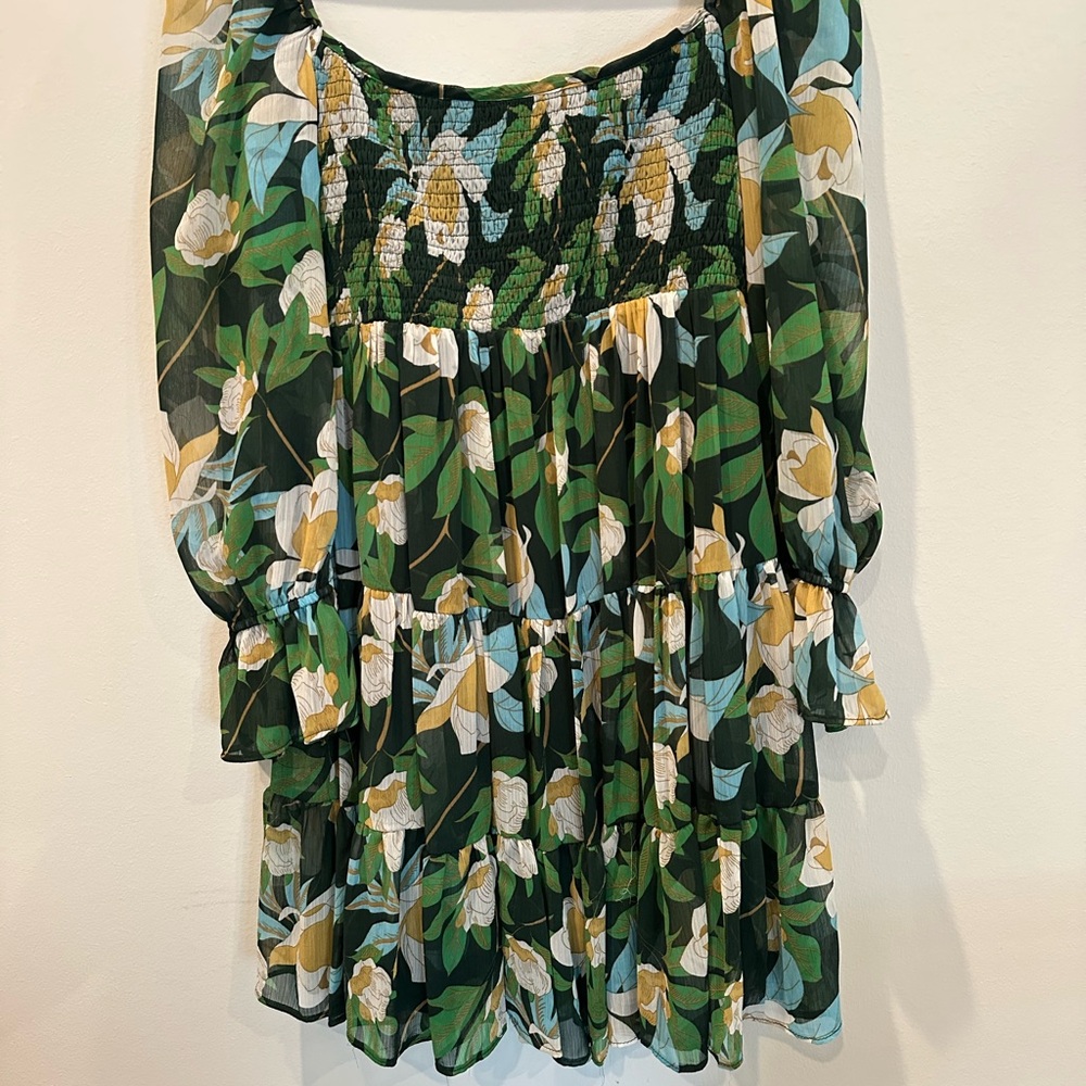 Floral Chiffon Smocked  Dress - Green and Yellow